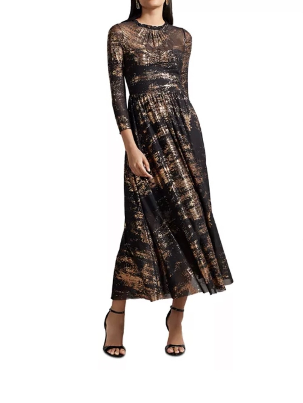 Ted Baker Iggiey Metallic Burnout Midi Dress Black Gold Sheer Lined